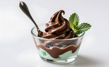 Chocolate ice cream in glass bowl with spoon on white background.の素材