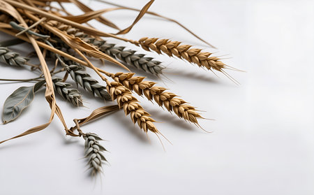 Wheat ears on a white background, close-up, selective focus.の素材
