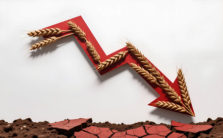 Highly rendering of red arrow sign with wheat ears on soil backgroundの素材