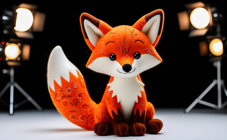 Cute fox on a black background. Decorated with patterns.の素材