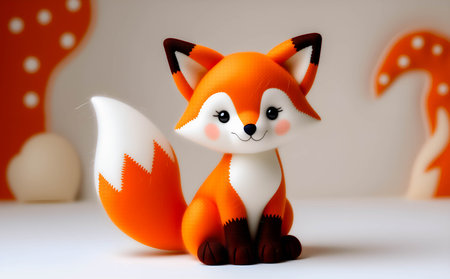 Funny and cute red fox made from plasticine on white backgroundの素材