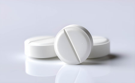 Two white pills on white background. Focus on foreground, shallow DOF.の素材