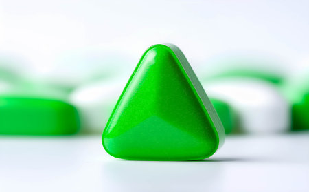 Green pyramid of pills on white background. Focus on foreground, soft bokeh.の素材