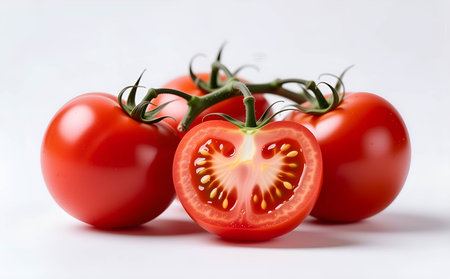 Tomatoes on a white background, close-up, selective focusの素材