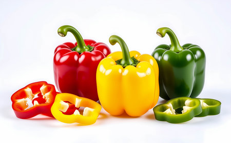 Red, yellow and green bell peppers isolated on a white background.の素材