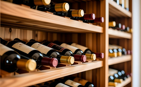 Wine bottles on a shelf in a wine store, close-upの素材