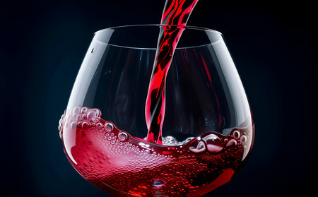 Red wine is poured into a glass on a black background. Close-up.の素材