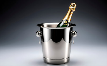 Bottle of champagne in a bucket on a dark background. 3d illustrationの素材
