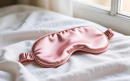 Pink sleeping mask on white bed with blinds. 3d renderingの素材