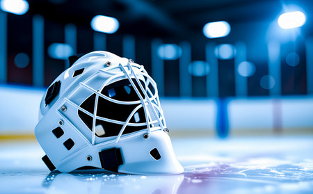 Hockey helmet on ice hockey rink background. 3D rendering.の素材