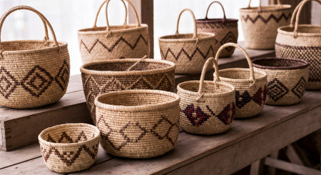 Handmade rattan baskets made of natural materials on a wooden shelfの素材