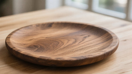 Wooden plate on the table in a coffee shop, stock photoの素材