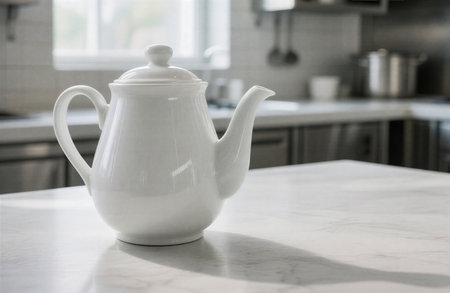 White ceramic teapot on white marble table in modern kitchen.の素材