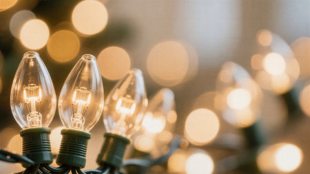 Decorative antique edison style filament light bulbs against bokeh backgroundの素材
