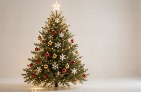 Christmas tree with red and gold ornaments on a white backgroundの素材
