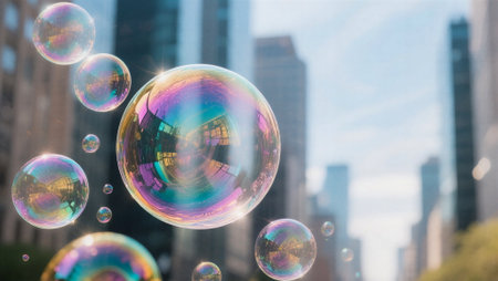 Colorful soap bubbles flying in the air with skyscrapers backgroundの素材