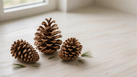Pine cones on a wooden background with space for text. Christmas and New Year conceptの素材