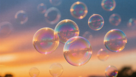 Soap bubbles with sunset sky background. Colorful soap bubbles.の素材