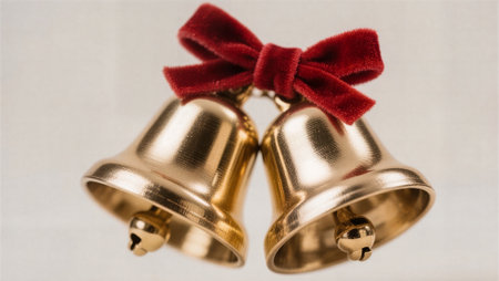 Christmas bells with a red bow on a white background, close-upの素材