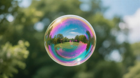 A soap bubble in the park with trees and sky in the backgroundの素材