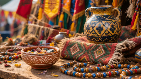 Traditional handicrafts on display at the local market in India.の素材