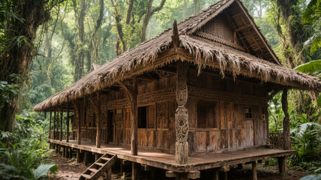 Traditional wooden house in the jungle of Borneo, Malaysia.の素材