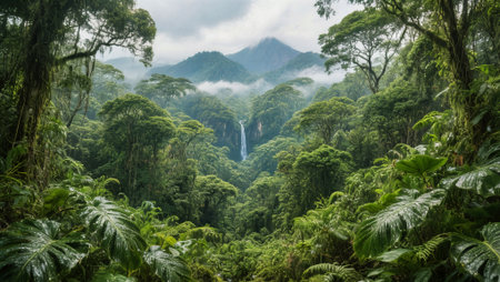 Tropical rainforest with a waterfall in the middle of the jungleの素材