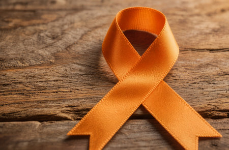 Orange ribbon on wooden background. Symbol of World Aids Day.の素材