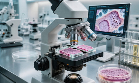 Microscope with blood samples in the laboratory. Medical research and development concept.の素材