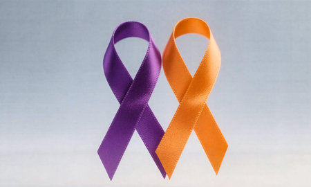Lavender, orange and purple ribbon on a white background.の素材