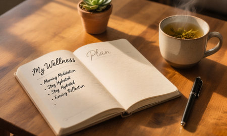 A cup of tea on a wooden table with a notebook and a penの素材
