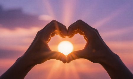 Hands forming a heart shape with the sun in the background.の素材