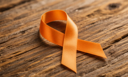 Orange ribbon on wooden background, symbol of World Aids Day.の素材