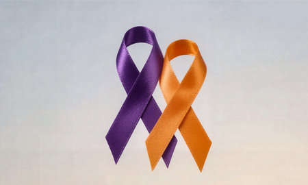 Lavender, orange and purple ribbons isolated on white backgroundの素材