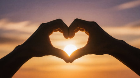 Silhouette of hands forming a heart shape with sunset background.の素材