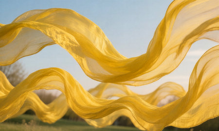 Yellow fabric in the wind on a background of the blue sky.の素材