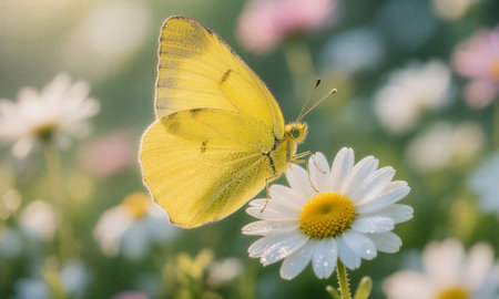Yellow butterfly on camomile flower in the garden. Soft focus.の素材