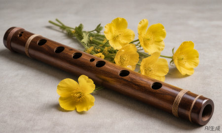 Wooden flute with yellow wildflowers on gray background.の素材