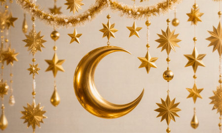 Golden crescent moon with stars and garland on the wall.の素材