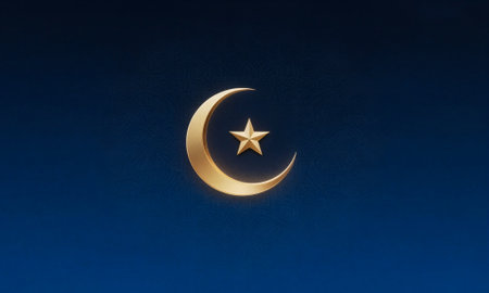 Golden crescent moon and star on blue background. Ramadan Kareem.の素材