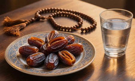 Dates fruit and rosary on wooden table. Ramadan Kareem concept.の素材