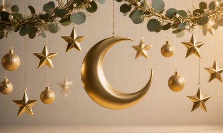 Golden crescent moon with christmas ornaments hanging on the wallの素材