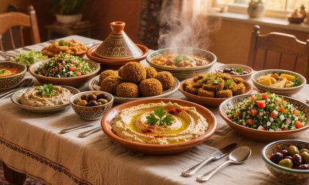 Traditional arabic food on the table. Middle eastern cuisine.の素材
