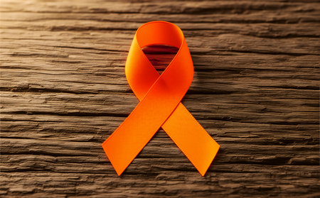 Orange ribbon on wooden background. World Aids Day and Breast Cancer Awareness.の素材