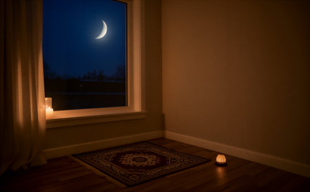 Crescent moon in the window at night with a carpet and a candleの素材