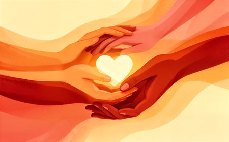 Hands of man and woman holding a heart on a yellow background.の素材
