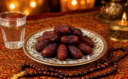 Dates fruits on a plate with rosary and glass of waterの素材