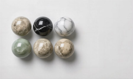 Marbles of different colors on a white background. View from above.の素材