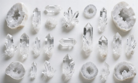 Top view of crystals on white background. Flat lay, top view.の素材