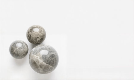 Three marble balls on a white background with copy space for text.の素材